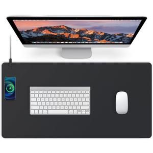 Mouse Pad with Wireless Charging, PU Leather Fast Charging Gaming Mouse Pad, Waterproof Anti-Slip Surface, Easy Clean Office Table Mat, 32L x 16W x 0.15H inches, Black(Left Side Charging Port)