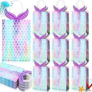 Chinco 24 Pieces Mermaid Gift Bags Party Favors Goodie Candy Treat Bags with Handle Mermaid Party Supplies for Girls Birthday Baby Shower Little Decorations