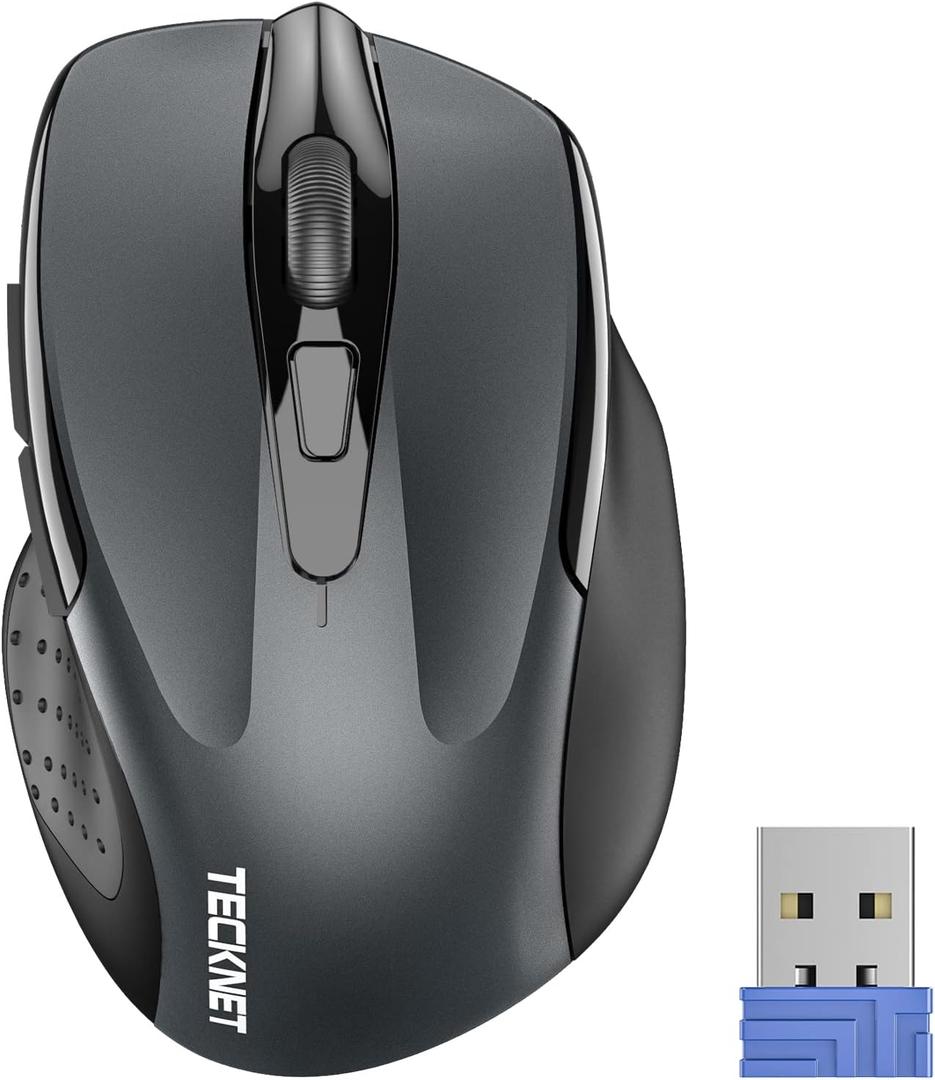 TECKNET Wireless Mouse, 2.4G Ergonomic Optical Mouse, Computer Mouse for Laptop, PC, Computer, Chromebook, Notebook, 6 Buttons, 24 Months Battery Life, 2600 DPI, 5 Adjustment Levels - Grey