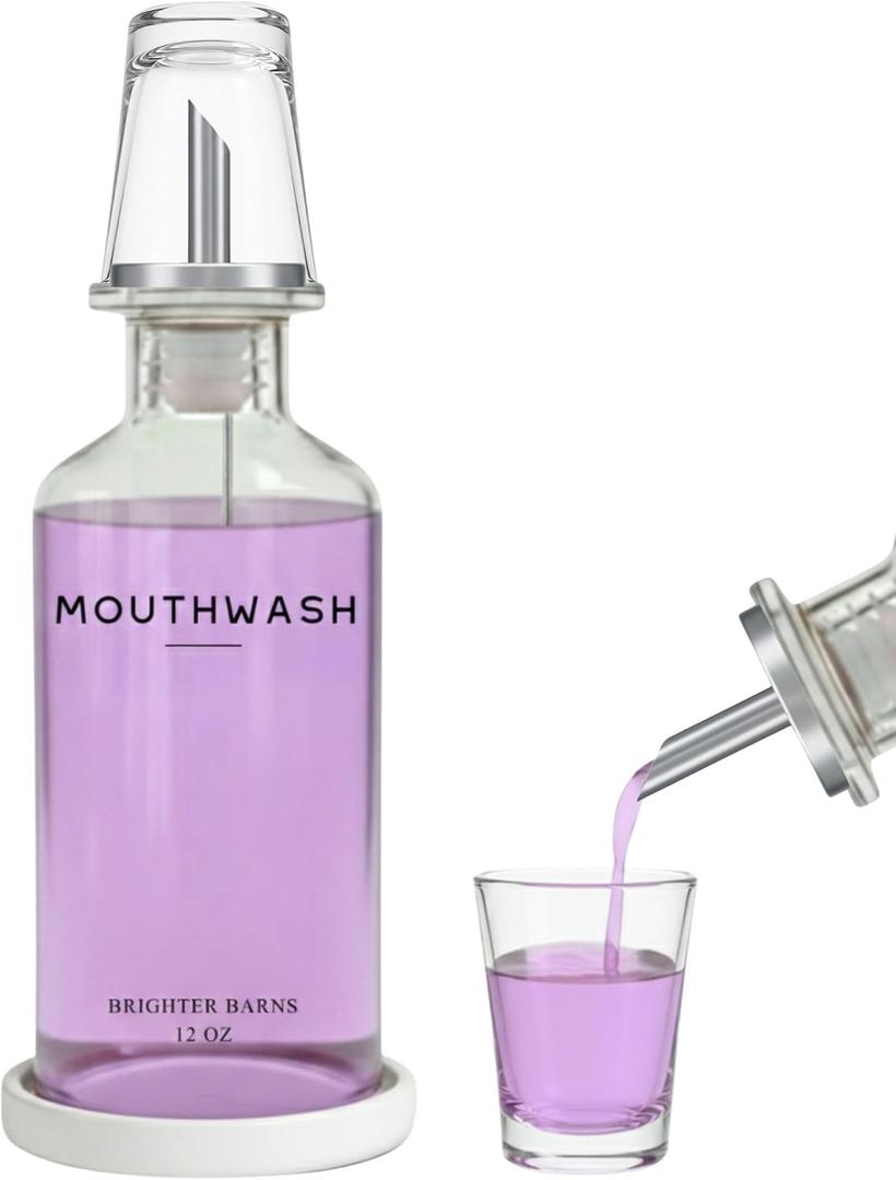 Glass Mouthwash Dispenser for Bathroom by Brighter Barns - Refillable Mouthwash Container with Glass Cup and Tray - Mouth Wash Dispensers for Bathroom Sink, Home Decor, Airbnb, Office, Hotel (Clear)