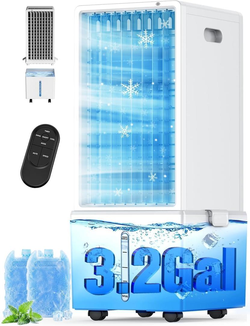 4-IN-1 Windowless Air Conditioner Portable w/ 4 Speed&4 Mode, 3.2-Gal Dual Tank for 30H Cooling, Waterless Alert Evaporative Cooler, 12H Timer, Remote, Swamp Cooler Air Conditioner for Bedroom