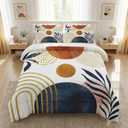 Queen Size Comforter Set with 2 Pillowcases, Mid Century 3 Pcs Bedding for Adults, Sun Boho Geometric Leaf Soft Comforter Set for Bedroom Bed Decor (Multi 9)