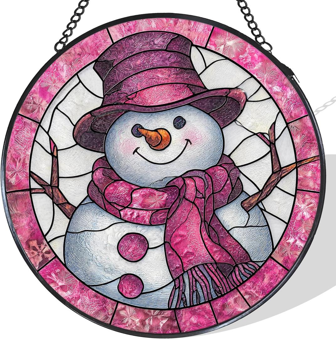 Pink Snowman Christmas Stained Glass Window Hanging Suncatcher, Winter Snowman Sun Catcher Indoor Window Decor, Christmas Holiday Painted Glass Round Wall Hanging Decorations, 7.8x7.8 in