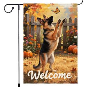 Welcome Fall Garden Flag German shepherd Garden Flags 12.5x18 Inch Double Sided Vertical Small Pumpkin Villa Outside Patio Burlap Decor Rustic Farmhouse Home Yard Lawn Thanksgiving Decoration (RMQ-696)