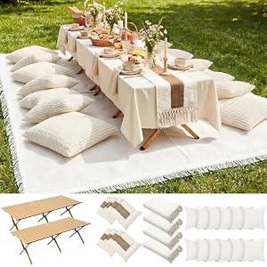 Novabright Picnic Kit Folding Picnic Table Extra Large Outdoor Boho Blanket Beige Table Runner Floor Pillow Covers Woven Cotton Oversize Washable for Camp Wedding(Cream White, Pillow Covers, 20 Pcs)