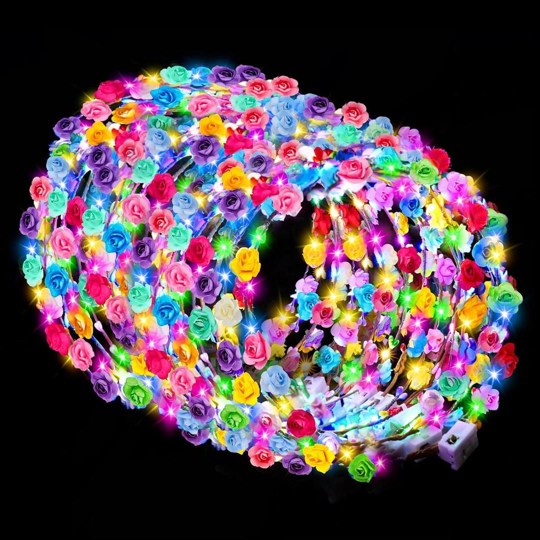 Valentines Day Gifts, 100 PCS New Year LED Flower Crowns Headbands, Light Up Flower Crowns For Women, Glow in the Dark Headband for Wedding Reception Birthday Mardi Gras Cosplay Princess Party Favors