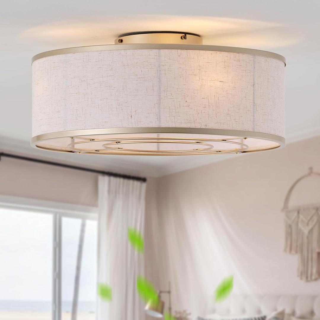 20 Inch Boho Ceiling Fan with Light, Low Profile Flush Mount Caged Ceiling Fan, Bladeless Gold Drum Chandelier with Remote, 6 Speed Reversible DC Motor for Bedroom Living Room, E26 Base, Small