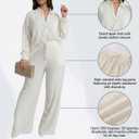 Elainone Women's 2 Piece Outfits Button-Down Shirt Long Sleeve and Flare Pleated Wide Leg Pant Sets With Pocket (Beige, XXL)