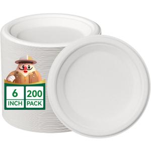 JOLLY CHEF 100% Compostable Small Paper Plates, 200 Pack 6 Inch Heavy Duty Dessert Plates, Disposable Biodegradable Eco-Friendly Sugarcane, Bulk White