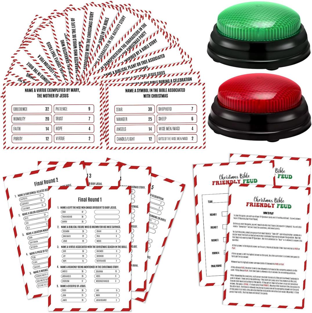 Christmas Bible Friendly Feud Game with 2 Answer Buzzers, Religious Card Board Game Night Church Group Fun Trivia Quiz for Xmas Holiday Party Office Class Team Building
