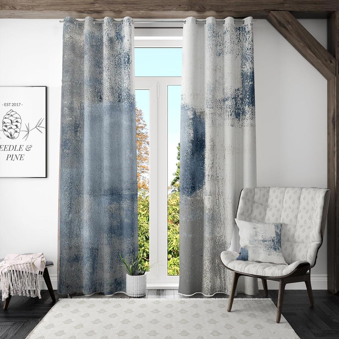 Dust Blue Abstract Geometric Curtains for Bedroom 84 inch Long 2 Panels Set Modern Aesthetic Grey Farmhouse Room Darkening Window Drapes for Living Room