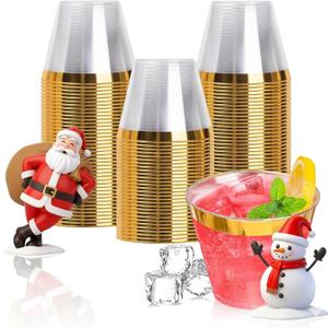Goodluck 100PCS 9oz Gold Plastic Cups for Party, Disposable Gold Rim Cups, Plastic Cocktail Glasses for Wedding Thanksgiving, Christmas, and Parties