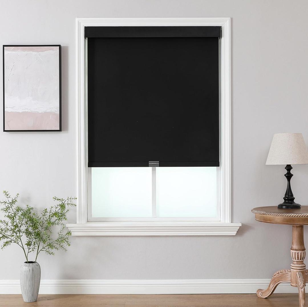 Joydeco 100% Blackout Roller Shades (Pro), Free-Stop Cordless Blinds for Windows, UV Protection, Natural Woven Blinds for Home and Office, Light-Proof Aluminum Cover (28" W x 75" H, Black)