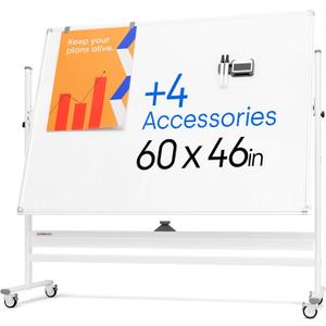 Rolling Dry Erase Board 60 x 46 - Large Portable Magnetic Whiteboard with Stand - Double Sided Easel Style Whiteboard with Wheels - Mobile Standing White Board for Office, Classroom & Home