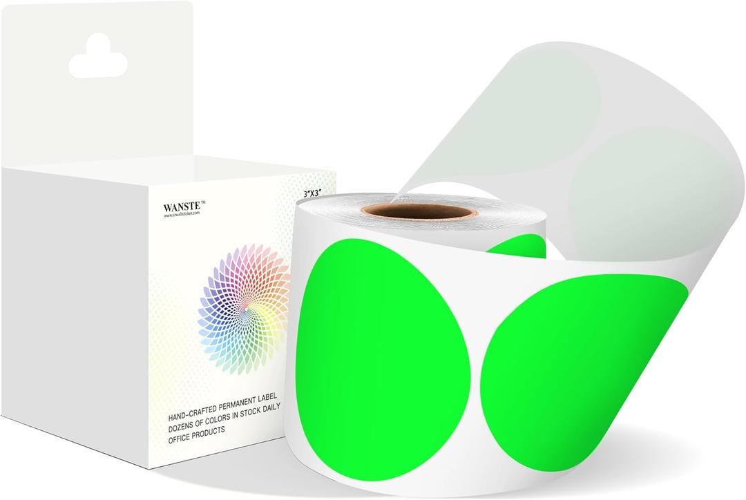 3 Inch Fluorescent Green Color Code Dot Stickers,500 PCS Round Labels Stickers in Dispenser Box for Organization, Inventory,Classroom (1 Roll-500PCS)