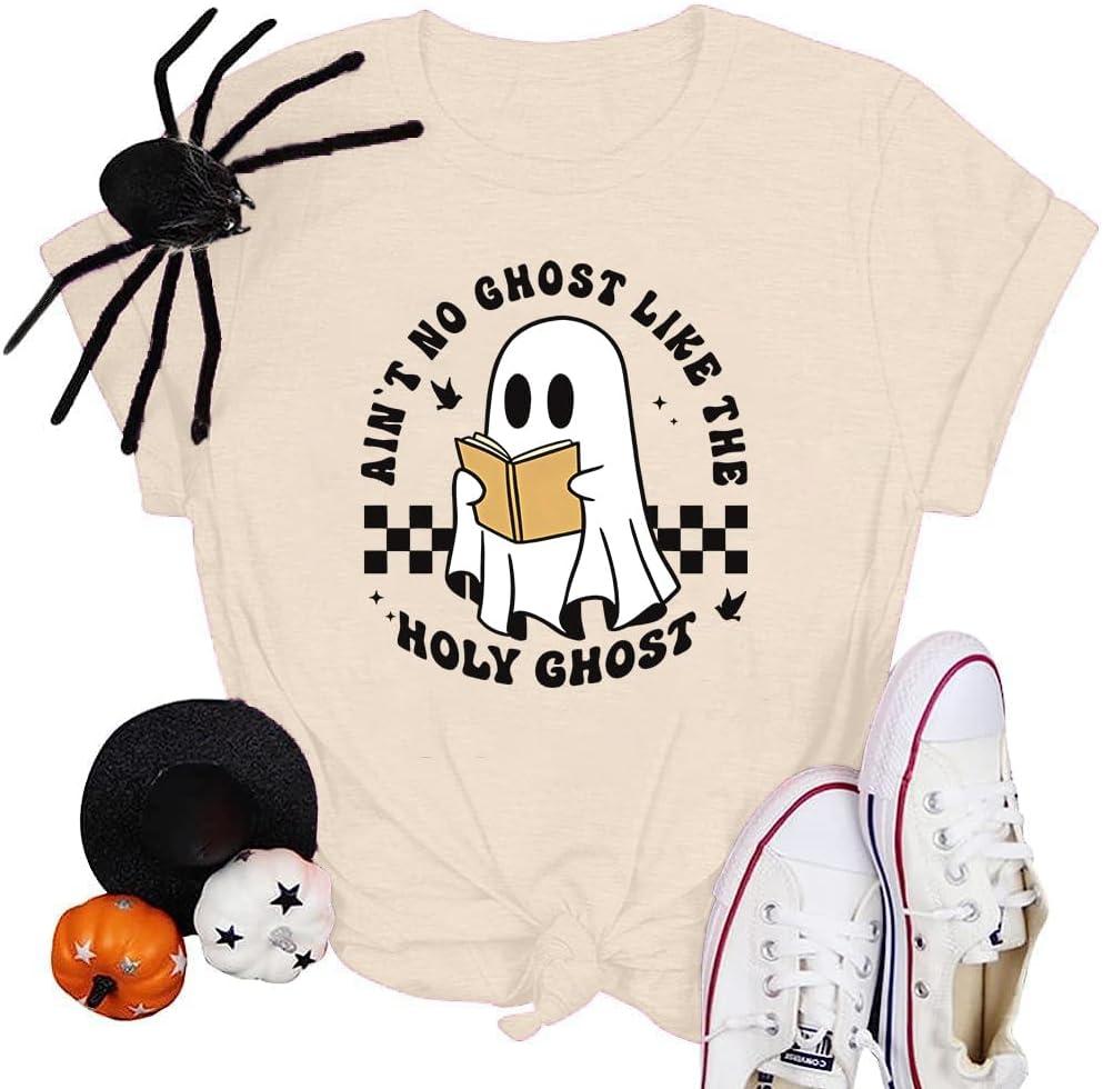 Halloween Teacher Shirts for Women Reading Books Shirt Funny Spooky Teacher Tee Halloween Party Short Sleeve Tops (L)