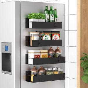 HuggieGems 4 Pack Magnetic Spice Storage Rack Organizer for Refrigerator and Oven, Matt Black Fridge Organizers and Storage