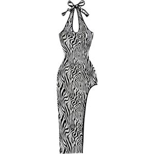 SOLY HUX Women's Zebra Striped Halter Maxi Dress Sleeveless Asymmetrical Split Bodycon Party Vacation Long Dresses (Medium, Black and White Print)