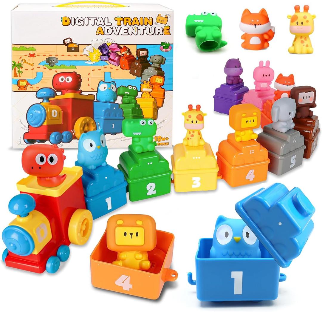 CORPER TOYS 10 in 1 Digital Train Montessori Toys with Stackable Animal Finger Puppets, Surprise Blind Boxes Counting & Stacking Learning Toys for Toddlers Gift