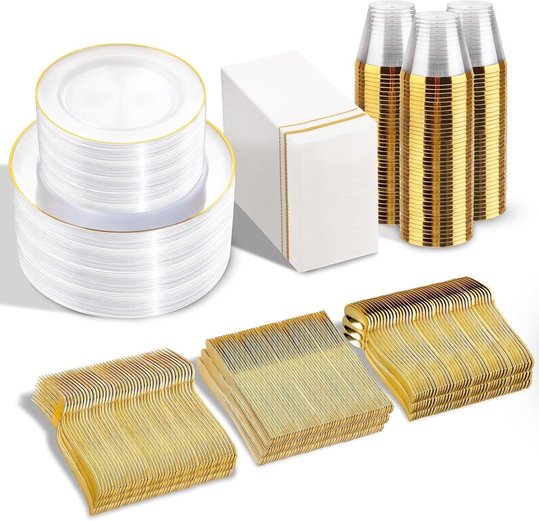 SUT 700Pcs Plastic Dinnerware Set for 100 Guests, Clear and Gold Plastic Plates, Disposable Plates and Napkins Party Supplies, Gold Silverware, Plates, Cups and Napkins Sets for Party Weddings