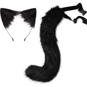 Cat Ears Headband Wolf Fox Tail Set Handmade Animal Cosplay Costume Faux Fur Headdress Party Accessories (Black)