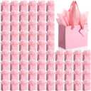 Qilery 50 Pcs Valentine Mini Paper Gift Bags Bulk with Tissue Paper Small Gift Bags with Handle and Tags for Birthday Wedding Galentine Mothers' Day Party Business(Pink,4.7 x 2.4 x 3.9'')