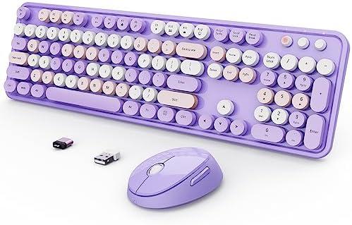SkyGive Wireless Keyboard and Mouse Combo, Ergonomic Full Size Typewriter Retro Round Keycaps Keyboard, Compatible with Windows, PC, Perfer for Home and Office Keyboards (Purple