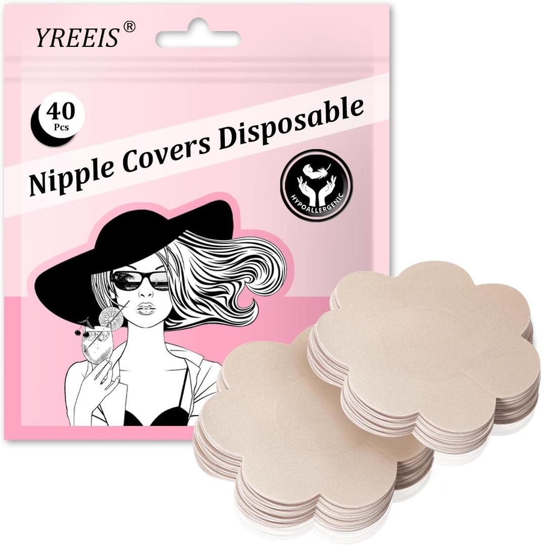 40 Pcs Nipple Covers For Women Hypoallergenic Disposable Adhesive Nipple Pasties No-Show Satin Breast Petals Stickers (Beige)