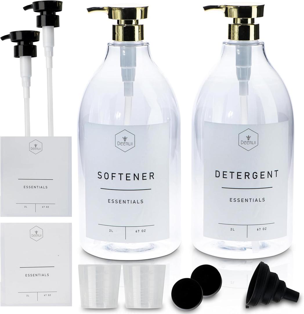 Deerlii Laundry Detergent Dispenser Set 67oz – Stylish Transparent PET Plastic Bottles – Gold and Black Pumps – Customizable & Childproof – Elevates Laundry Room Aesthetics with Detergent Bottle Kit