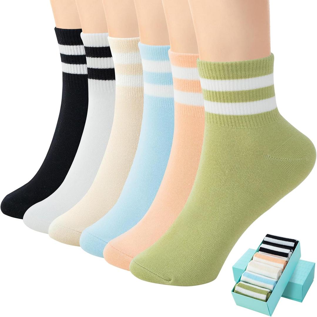 SISOSOCK Quarter Crew Cotton Socks for Women or Men Striped Athletic Socks Casual Socks 6-10 pairs with Gifts Box