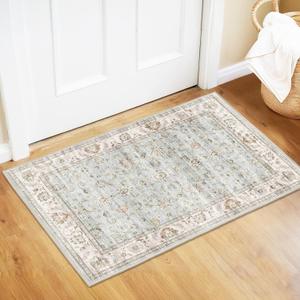 WITSHOCK 2x3 Washable Entry Area Rugs Doormat: Non Slip Rubber Backing Carpet - Low Pile for Kitchen Door Mat Indoor Entrance - Stain & Fade Resistant for Pet & Kids Friendly, Light Blue/Light Ivory/Beige