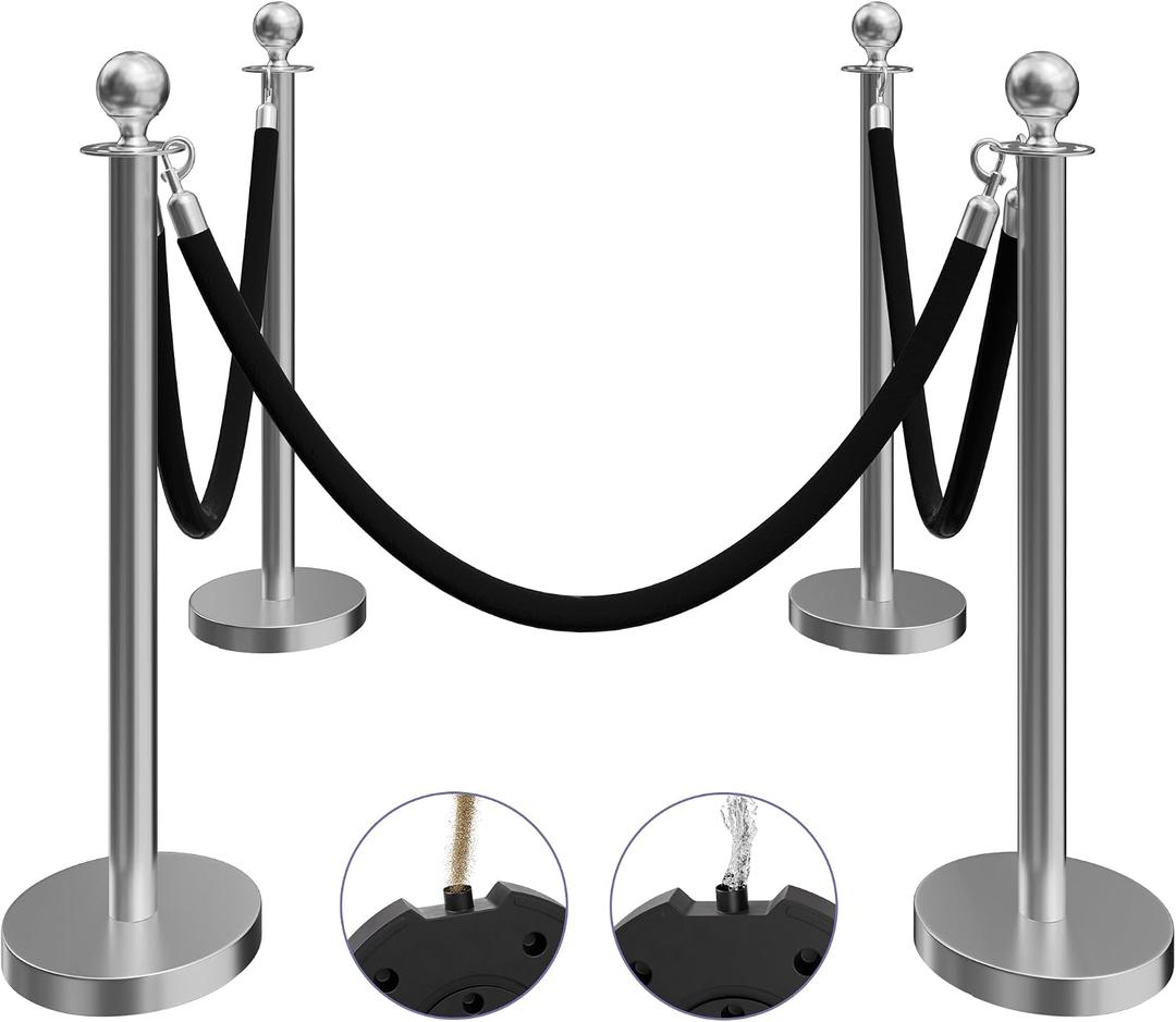 4 Pack Silver Stanchions and Velvet Ropes Set, Stainless Steel Crowd Control Barriers, 3Pcs Black Ropes and Poles for Party Supplies,Photobooth Accessories,Prom,Birthday,Business,Wedding, Museums