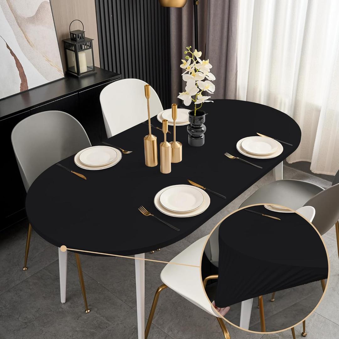 Black Fitted Oval Tablecloth with Elastic 48x72 Inch Outdoor Table Cover Spandex Stretchy Solid Color Fabric Dining Table Cloth for Party Wrinkle Free Non Slip