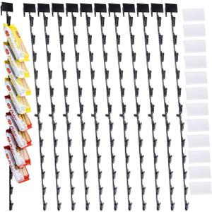 12Pcs Merchandising Hanging Strips with Hooks, 31 Inch Chip Rack with Label Header and 144 Clips, Potato Chip Bag Holder for Party, Concession, Snack & Store Retail Display, Black