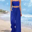 YESNO Women Summer Boho Palazzo Pants High Waist Wide Leg Floral Casual Cotton Lounge Trousers with Pockets L PP0 Solid Royal Blue