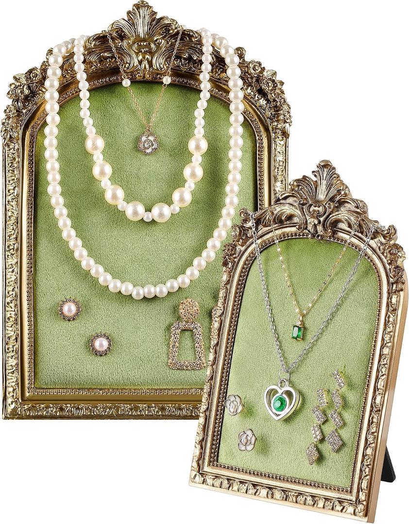 Wonderjune 2 Pcs Gold Jewelry Display Stand Vintage Necklace Organizer Ring Holder Earring Tray Resin Jewelry Photography Props Frame with Velvet Backing for Gifts(Green,Large,Small,Elegant)