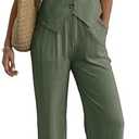 Women's 2 Piece Outfits Linen Vest Waistcoat Dressy Casual Sets Wide Leg Pants Suits, Size Medium