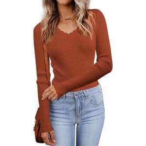 LUXVEER Women's V Neck Scalloped Sweaters Long Sleeve Ligheweight Shirts 2026 Fall Fashion Knitted Tops XL