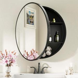 Keonjinn 30 in Round Black Medicine Cabinets with Mirror, Large Farmhouse Medicine Cabinet for Bathroom, Circle Bath Mirror with Storage, Metal Frame Medicine Cabinet for Wall with Detachable Shelves