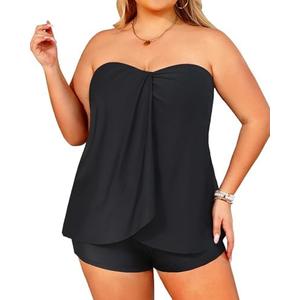 Daci Plus Size Bandeau Tankini Swimsuit for Women 2 Piece Halter Swim Top with Shorts Tummy Control Bathing Suits, 18W