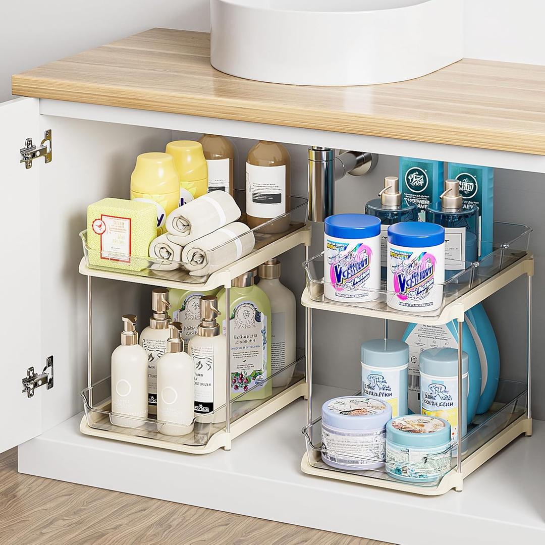 Delamu 2 Sets of 2-Tier Multi-Purpose Bathroom Cabinet Under Sink Organizers and Storage, Stackable Kitchen Pantry Organization and Storage, Beige (2Set-Beige)