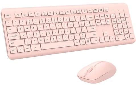 Wireless Keyboard and Mouse Combo, Full Size Silent Ergonomic Keyboard and Mouse, Long Battery Life, Optical Mouse, 2.4G Lag-Free Cordless Mice Keyboard for Computer, Mac, Laptop, PC, Windows(Pink)