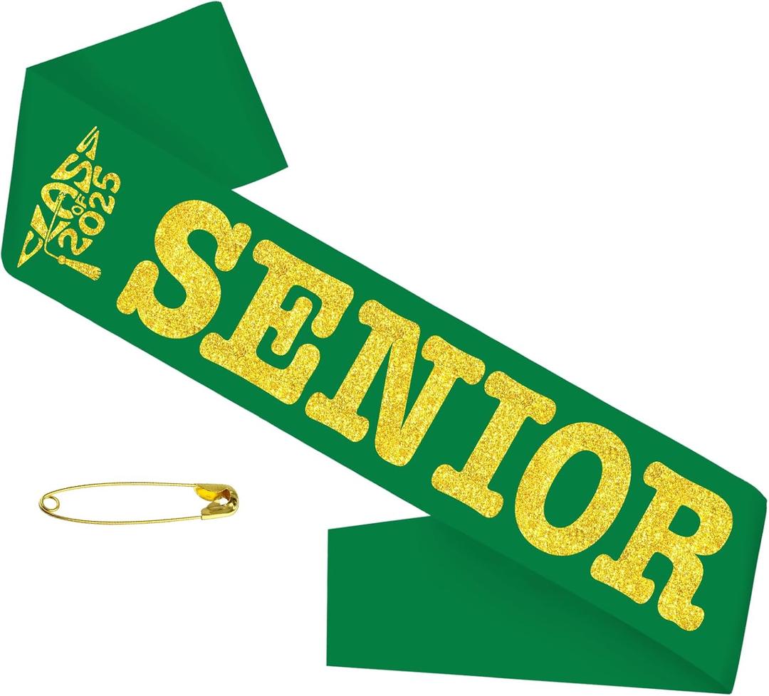Class of 2025 Senior Sash, Green Satin Finally Graduated Sash with Gold Printing Letters Cheerleader Senior Sashes for Class of 2025 Graduation Party Celebrations Supplies(Green+gold)