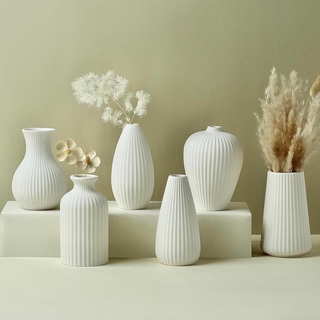 6'' White Ceramic Ribbed Bud Vases in Bulk, Set of 6 Small Pampas Grass Flower Vase for Modern Farmhouse, Boho Home Decor, Living Room, Vintage Wedding Centerpiece, Table, Shelf Decoration