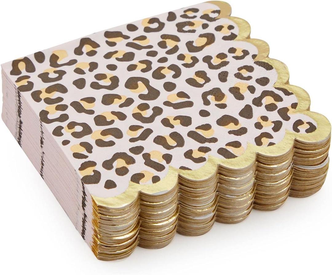 Sparkle and Bash 50 Pack Cheetah Print Scalloped Foil Napkins for Safari Birthday Party Supplies