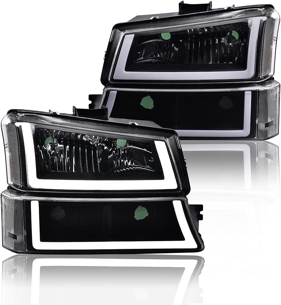 PIT66 LED DRL Headlight Assembly Compatible with 2003-2006 Chevy Silverado 1500 2500 3500 HD Model/ 03-06 Avalanche 1500 2500(Fit No Cladding only) Pair Headlamps