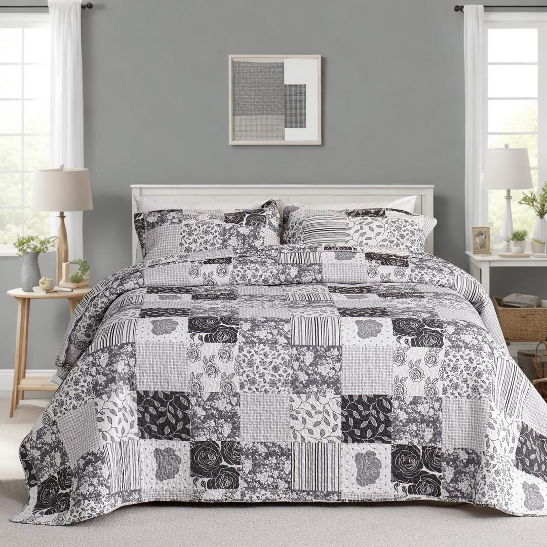 EVENHUG 100% Cotton Patchwork Quilt King Size Set Lightweight Floral King Quilts Bedding Set Bedspread Coverlet Reversible Bed Cover with Pillow Shams for All Seasons 3 Pieces (106"X96") (Grey) EVENHUG 100% Cotton Patchwork Quilt King Size Set Lightweight Floral King Quilts Bedding Set Bedspread Coverlet Reversible Bed Cover with Pillow Shams for All Seasons 3 Pieces (106"X96") (Grey)