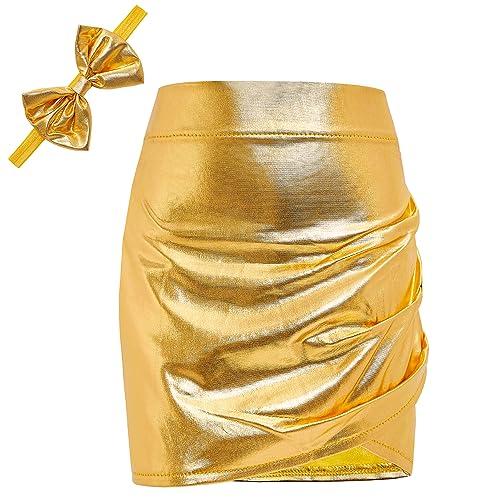 ZYBOUTIC Girls Metallic Skirts Sparkle Shiny Toddler Ruched Mini Skirts PU Faux Leather Birthday Short Skirts Party Halloween Christmas Newyear Gold 6 Years L