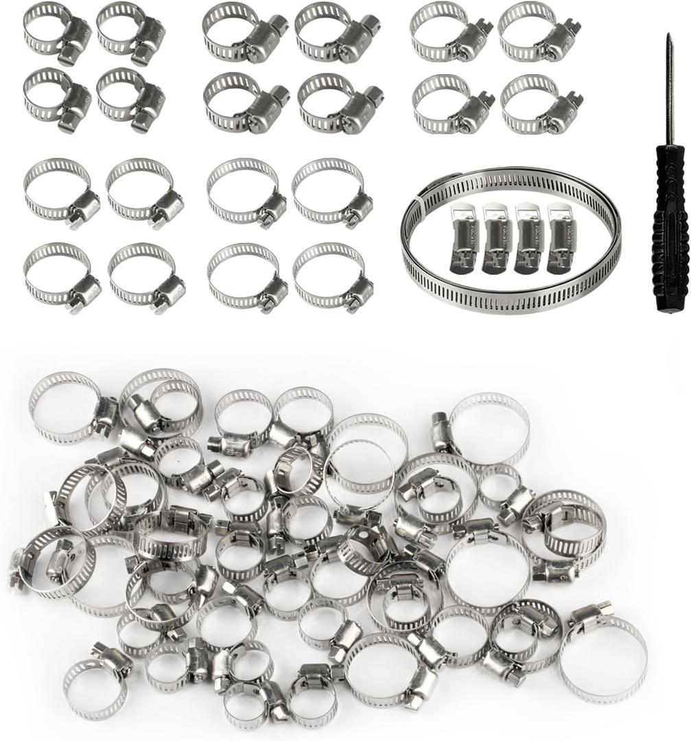 45pcs Hose Clamp Assortment Kit,1/4"-1-1/8"(6-29mm) Adjustable Stainless Steel Hose Clamps,Worm Gear Pipe Clamps for Fuel Line Tube Pipe Plumbing Automotive+1 Metal Strip,4 Locking Head,1 Screwdriver