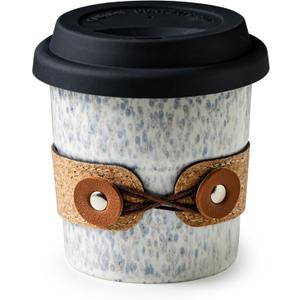 Coffee Mug with Lid, Ceramic Coffee Cups, Spill Proof Travel Coffee Tumbler, Microwave & Dishwasher Safe, Reusable Heavy Tea Mug, Latte Cup for Men & Women, 8.5oz (White with Blue Dots)